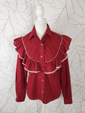 Caravan VTG Red Ruffle Pearl Snap Western Festival Blouse